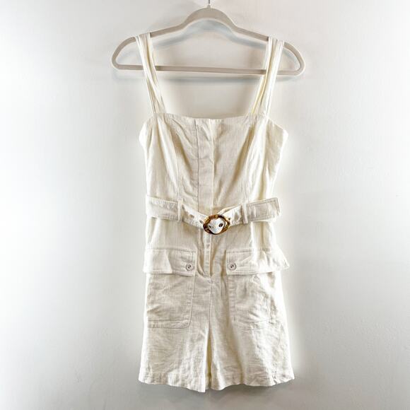 House of Harlow Linen Square Neck Belted Romper White 4 - Picture 2 of 10
